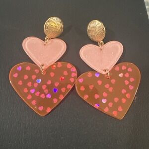 Pink Double Heart Earrings Gold Tone Dangle Glitter Stud Pierced